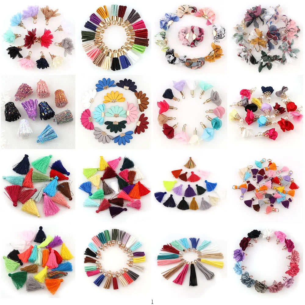 10~30pcs Mixed Types Tassel Findings Flower Silk Polyester Charms Pendant Drop Earring Tassel for Jewelry DIY Graft Making