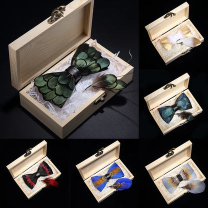 KAMBERFT Design Handmade Feather Bow Tie Brooch Wooden Box Set High Quality Men's Bowtie Leather Tie for Wedding Party Banquet