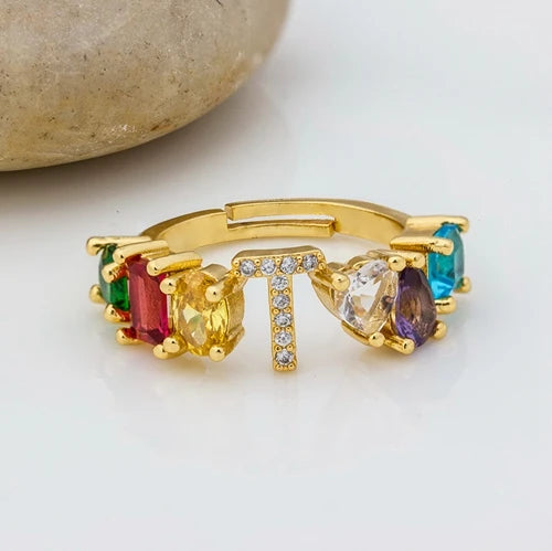 Adjustable A-Z Initial Ring Bohemian Copper Zircon  Rainbow Letter Rings for Women Girls Party Wedding Jewelry