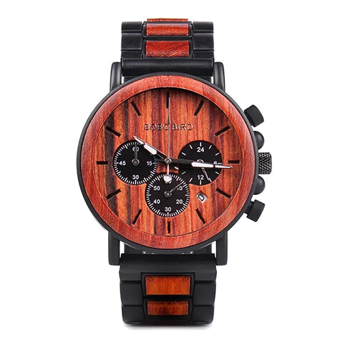 BOBO BIRD P09 Wood and Stainless Steel Watches Mens Chronograph Wristwatches Luminous Hands Stop Clock