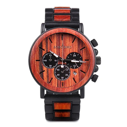 BOBO BIRD P09 Wood and Stainless Steel Watches Mens Chronograph Wristwatches Luminous Hands Stop Clock