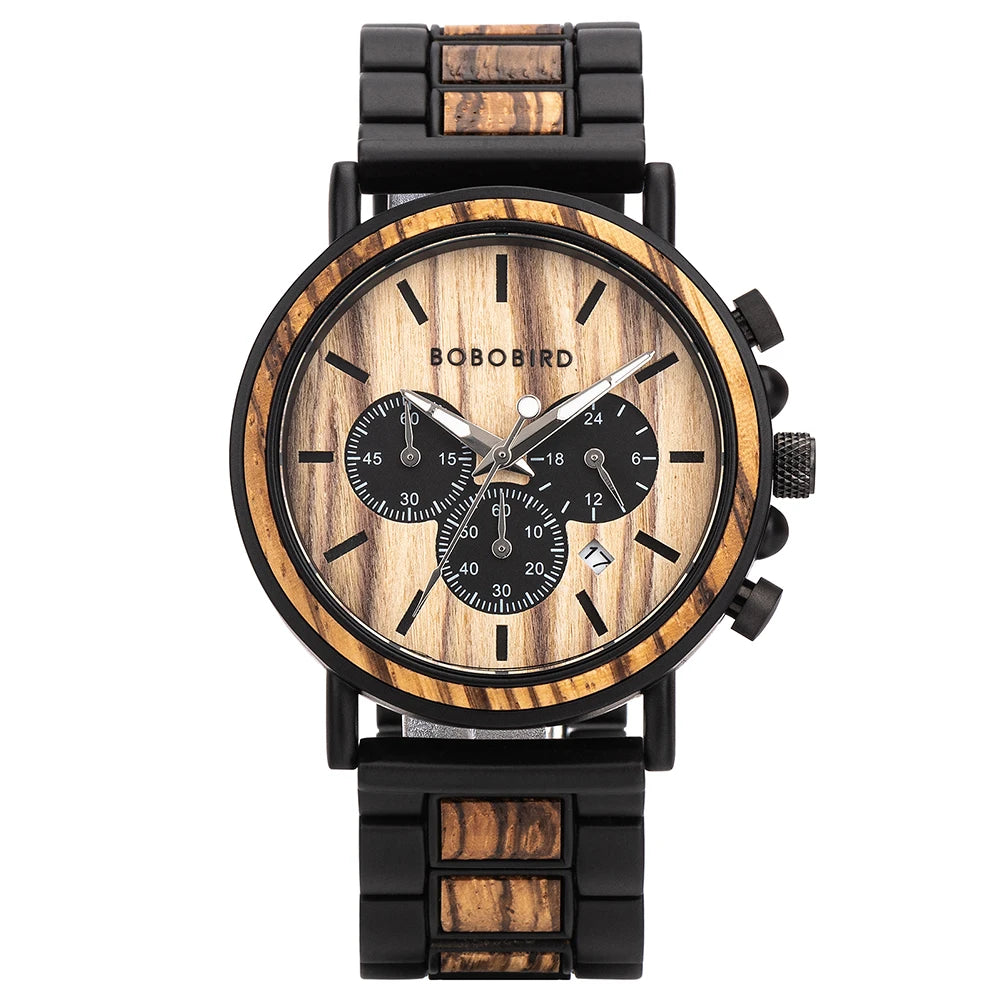 BOBO BIRD Luxury Wood Stainless Steel Men Watch Stylish Wooden Timepieces Chronograph Quartz Watches Relogio Masculino Man