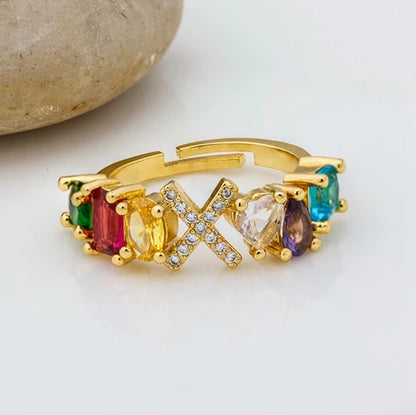 Adjustable A-Z Initial Ring Bohemian Copper Zircon  Rainbow Letter Rings for Women Girls Party Wedding Jewelry