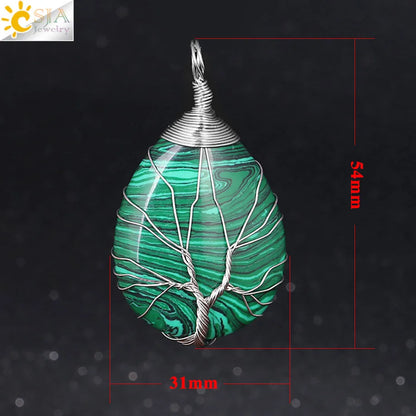 CSJA Natural Stone Pink Quartz Necklace & Pendant Silver-Color Tree of Life Wire Wrapped Water Drop Shape for Women Jewelry F122