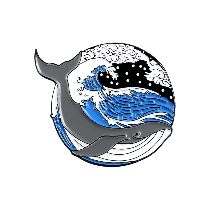 Wave Pins Ocean Sea Wave Brooches Organ Heart Light Bulb Whale Sun Creative Badges Blue Wave Enamel Pin Collection