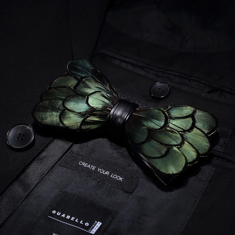 KAMBERFT Designer Brand Handmade Feather and Leather Pre-Tied Bow Tie and Brooch Sets for Men Wedding Party Best Cravate