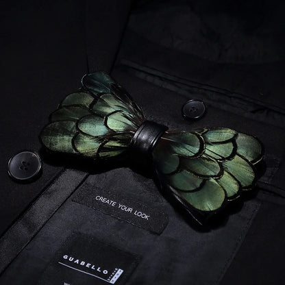 KAMBERFT Designer Brand Handmade Feather and Leather Pre-Tied Bow Tie and Brooch Sets for Men Wedding Party Best Cravate