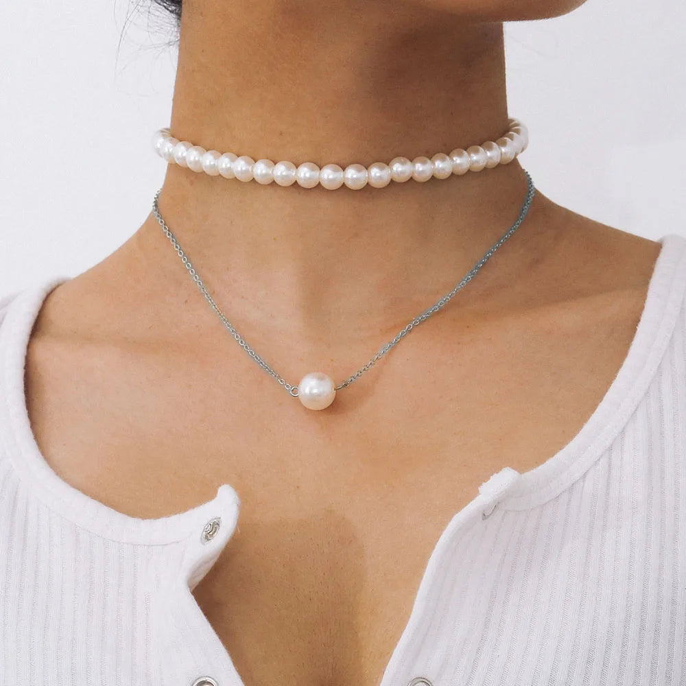 IngeSight.Z Punk Multi Layered Imitation Pearl Choker Necklace Collar Statement Boho Handmade Pendant Necklace for Women Jewelry