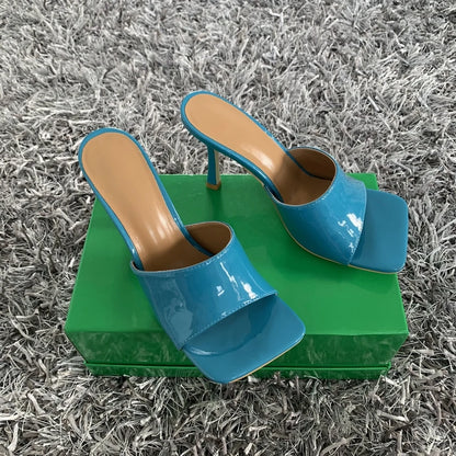 2023 New Summer Women Sandals Square Toe Ladies Heel MulesThin High Heels Sandals Slippers Female Fashion Woman Shoes
