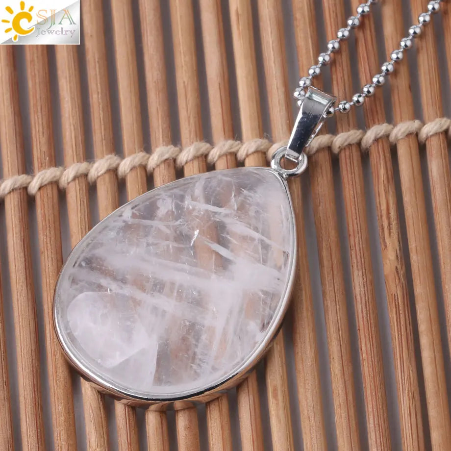 CSJA Natural Stone Pendants  Tiger Eye Pink Quartz Purple Crystal Lapis Necklace Water Drop Flat Bead Women Healing Jewelry F982
