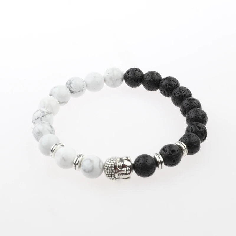 Charm Buddha&Evil Eye Bracelet Women 8mm Elastic Round Bright Black Stone Chakra Bracelets Men Erkek Bileklik Homme