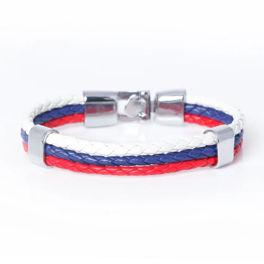 XQNI Fashion National Spain Flag ID Leather Bracelet Trendy Braided Surfer Bandage Charm Sporty Bracelets for Men Women Bangles