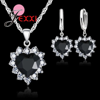 Fashion Heart Shaped Crystal Pendant 925 Sterling Silver Necklace Loop Earring Wedding Jewelry Sets Blue Zircon Accessory