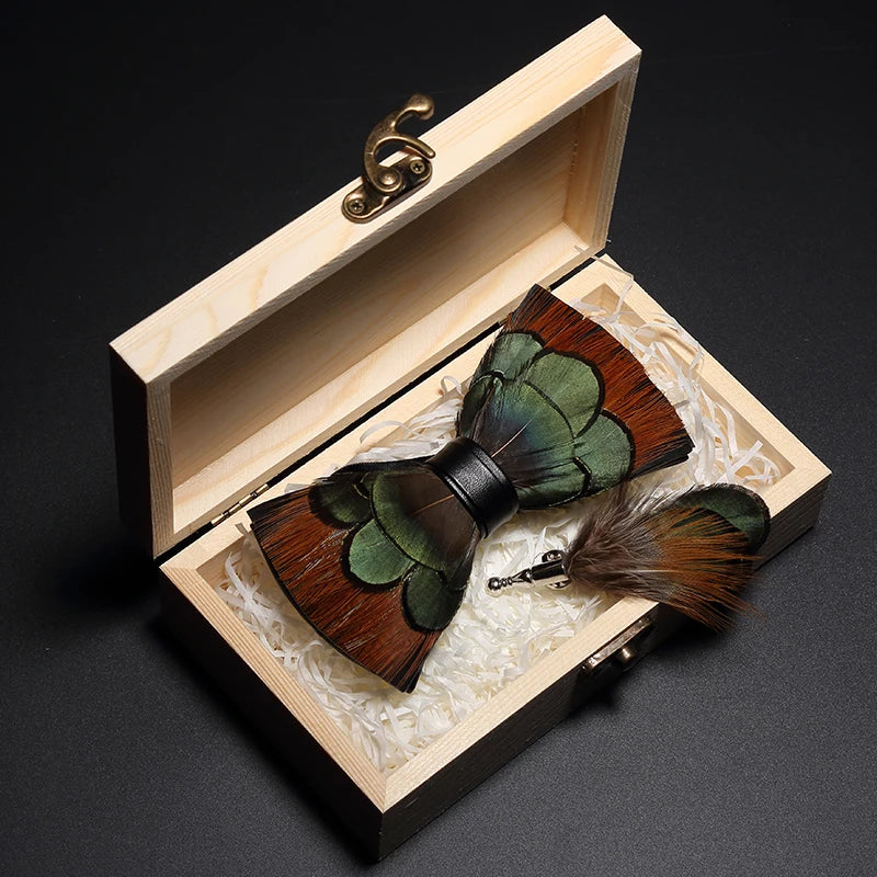 JEMYGINS Bowtie Natural Brid Feather Exquisite Hand Made Men Bow Tie Brooch Pin