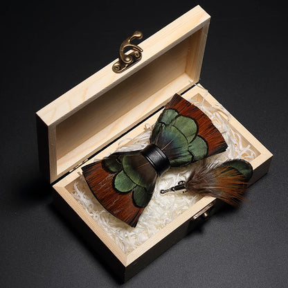 JEMYGINS Bowtie Natural Brid Feather Exquisite Hand Made Men Bow Tie Brooch Pin
