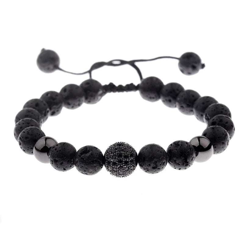 DOUVEI Round Black CZ Zircon Pave Lava Weaving Bracelet Men Beads Weaving Bracelet Homme Adjustable ABL005