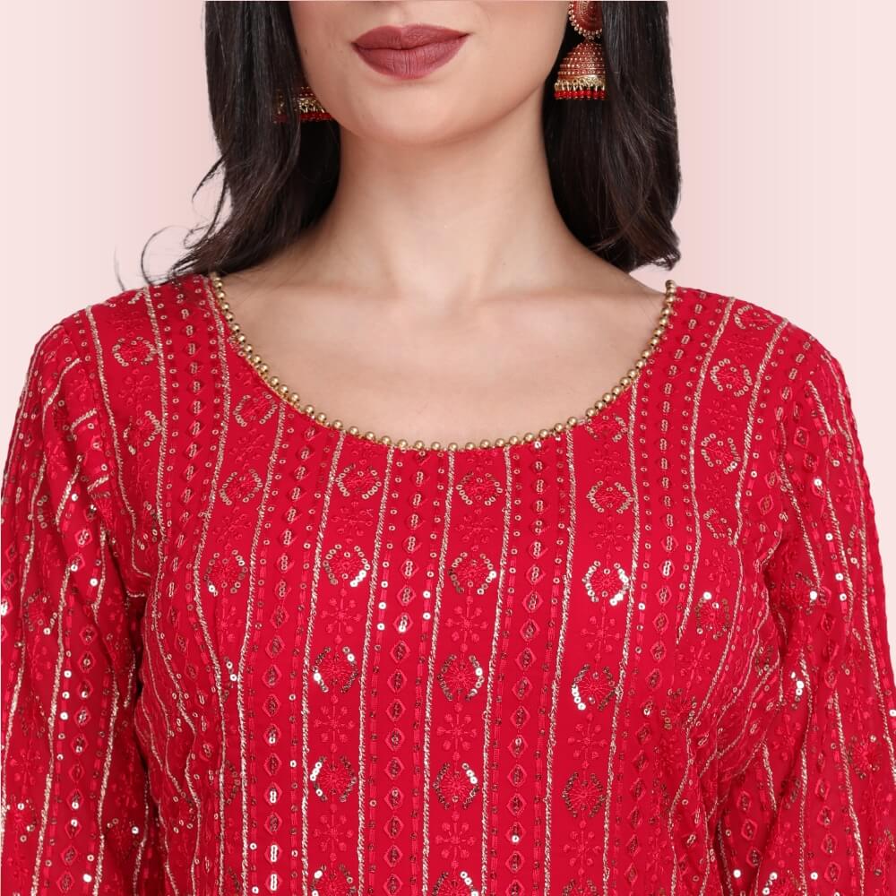 Sequin and Resham Work Anarkali Gown Dress - Red