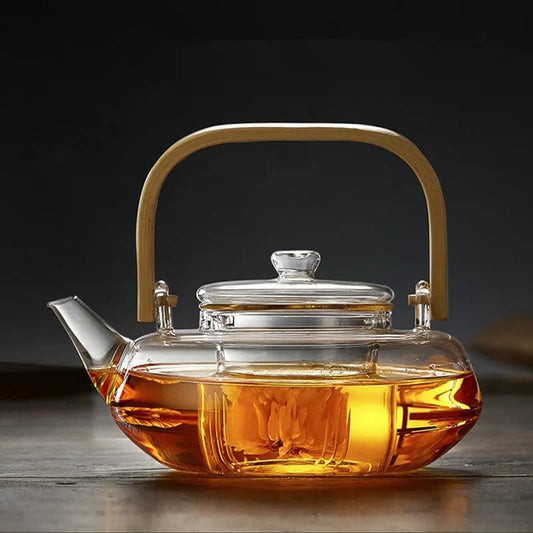 Glass Teapot Heat-Resistant Borosilicate   Boiling  Thickened Bamboo Handle  Hou