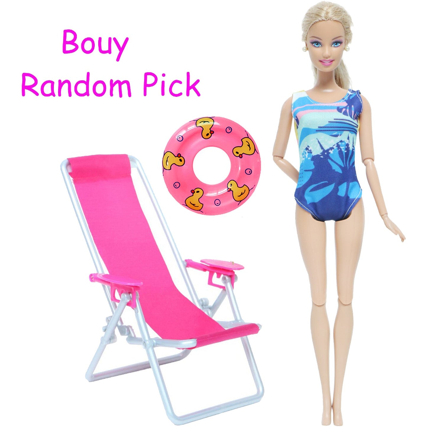 3 Pcs/Lot = 1x Swimsuit Bikini + 1x Random Swimming Buoy Lifebelt Ring +1x Pink Foldable Beach Chair Accessories for Barbie Doll