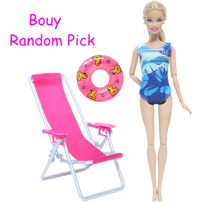 3 Pcs/Lot = 1x Swimsuit Bikini + 1x Random Swimming Buoy Lifebelt Ring +1x Pink Foldable Beach Chair Accessories for Barbie Doll