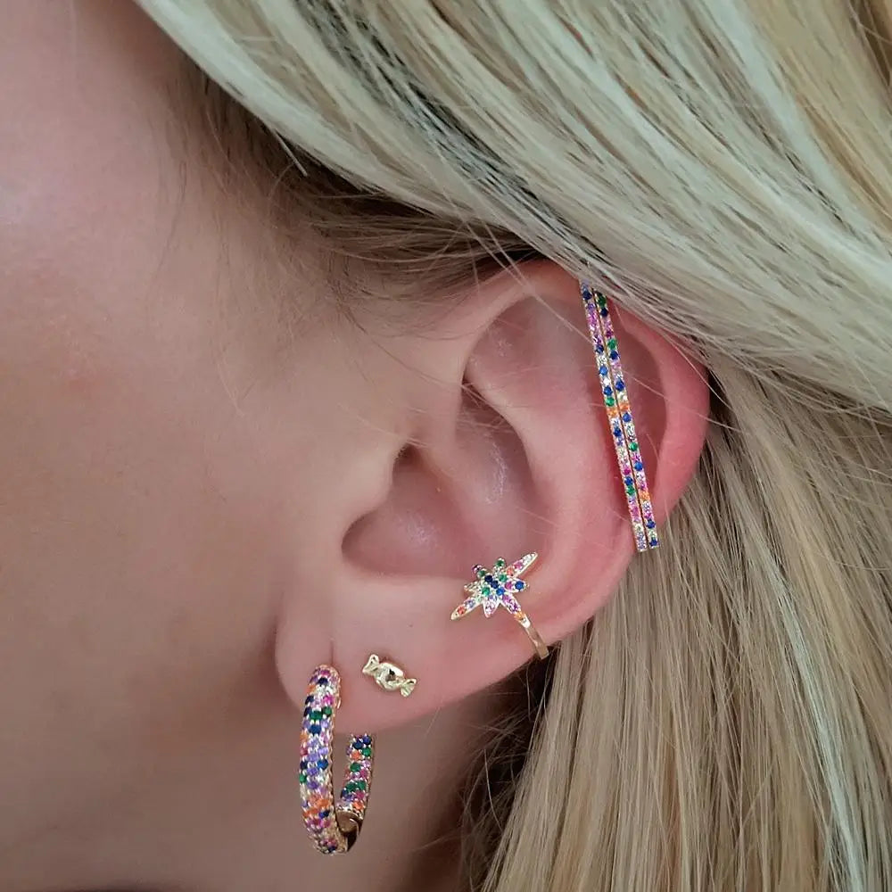 Fashion Women Jewelry 1 Piece Ear Cuff No Piercing Ear Clip White Rainbow Cz Rectangle Cuff Earring