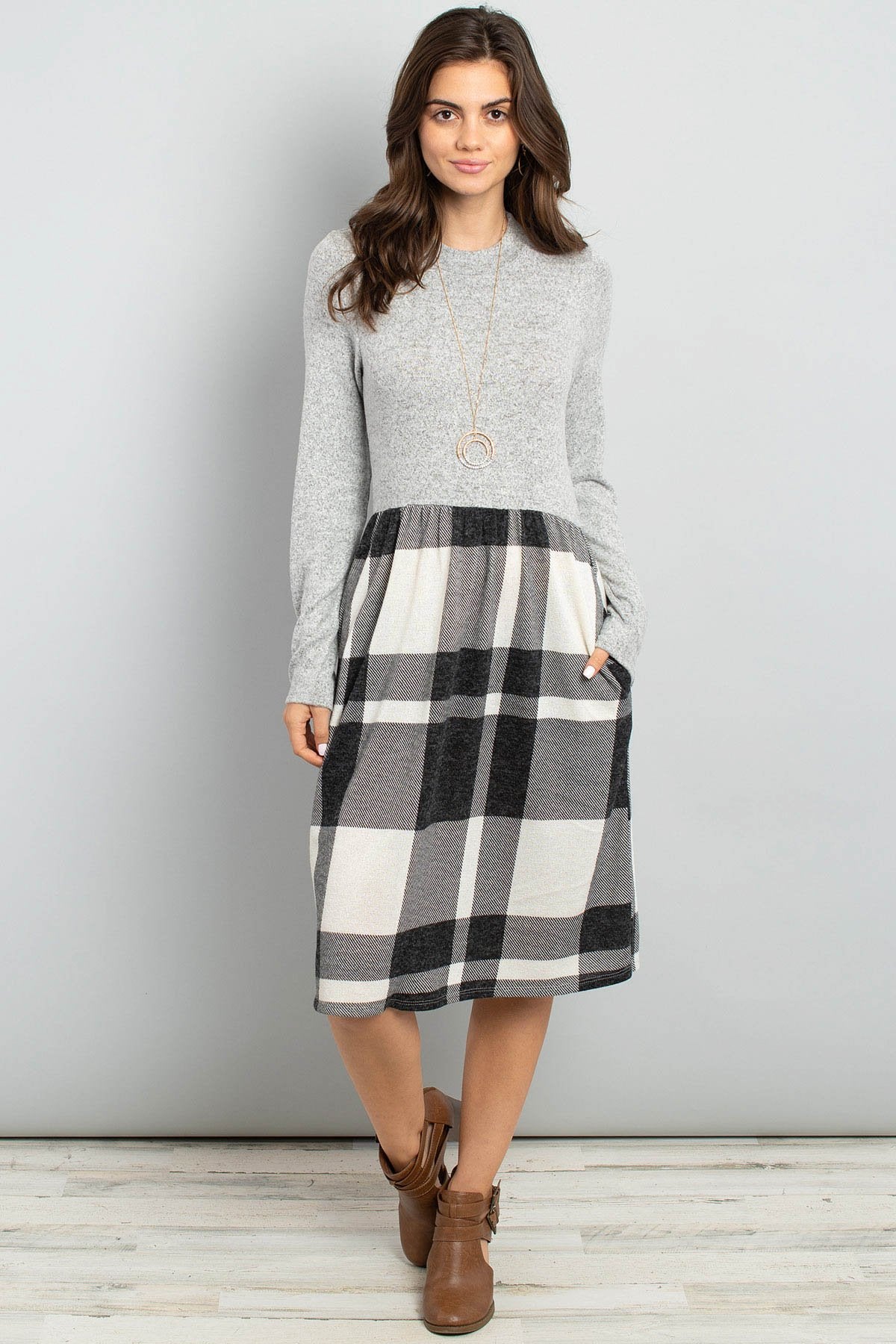 Two Toned High Neck Long Sleeves Plaid Contrast Dress