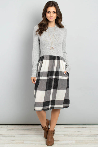 Two Toned High Neck Long Sleeves Plaid Contrast Dress