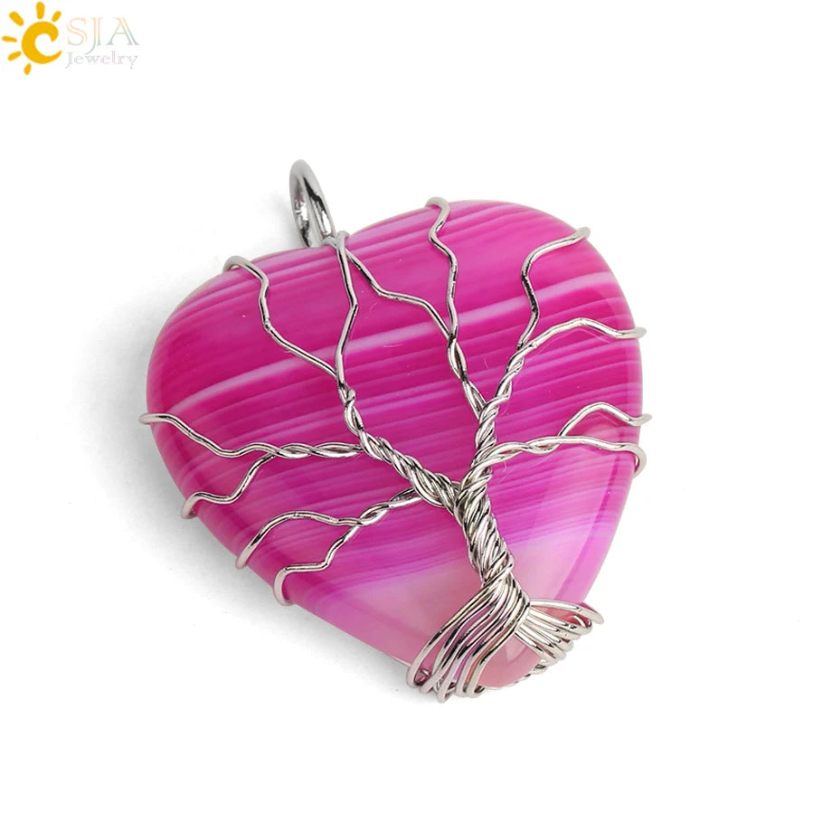 CSJA Tree of Life Wire Wrapped Love Heart Necklace & Pendant Suspension Natural Gem Stone Tiger Eye Pink Quartz Black Onyx F053