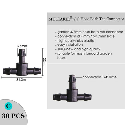 MUCIAKIE Sprinkler Irrigation 1/4 Inch Barb Tee Single Double Barb Barbed Water Pipe Connectors for 4/7mm Hose Garden Fitting