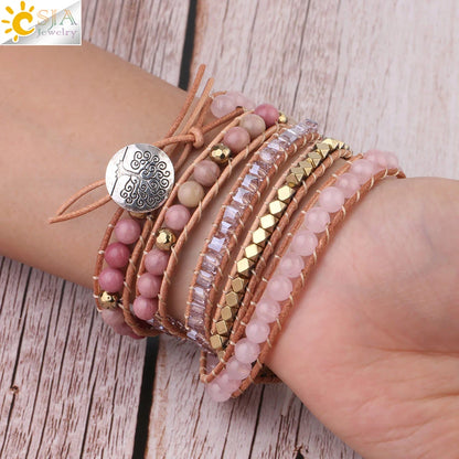 CSJA Natural Stone Bracelet Pink Quartz Leather Wrap Bracelets for Women Rose Gems Crystal Beads Bohemia  Jewelry 5 Strand S308