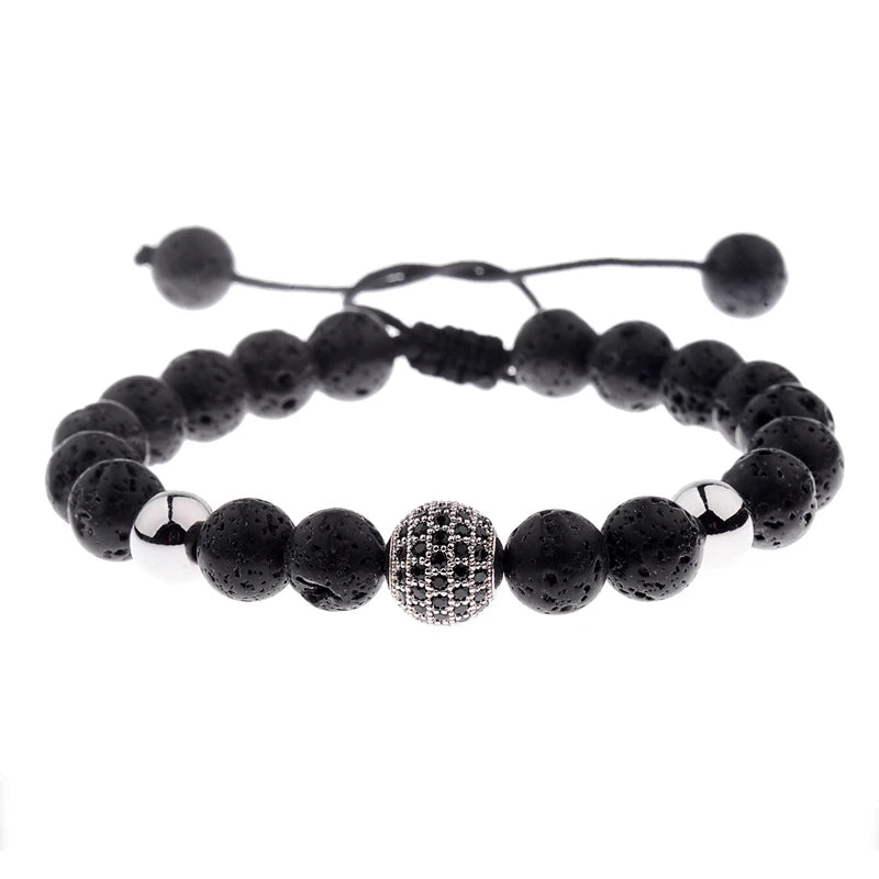 DOUVEI Round Black CZ Zircon Pave Lava Weaving Bracelet Men Beads Weaving Bracelet Homme Adjustable ABL005
