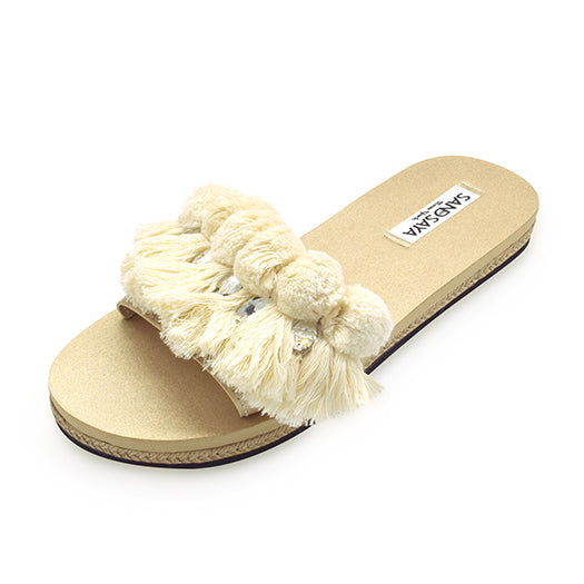 White Pompom Fringe - Waterproof Espadrille Flat