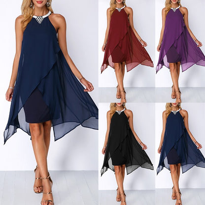 Black Cocktail Dress Summer Round Neck Fashion Chiffon Sleeveless Dress Irregular Double Layer Beach Party Loose Dr