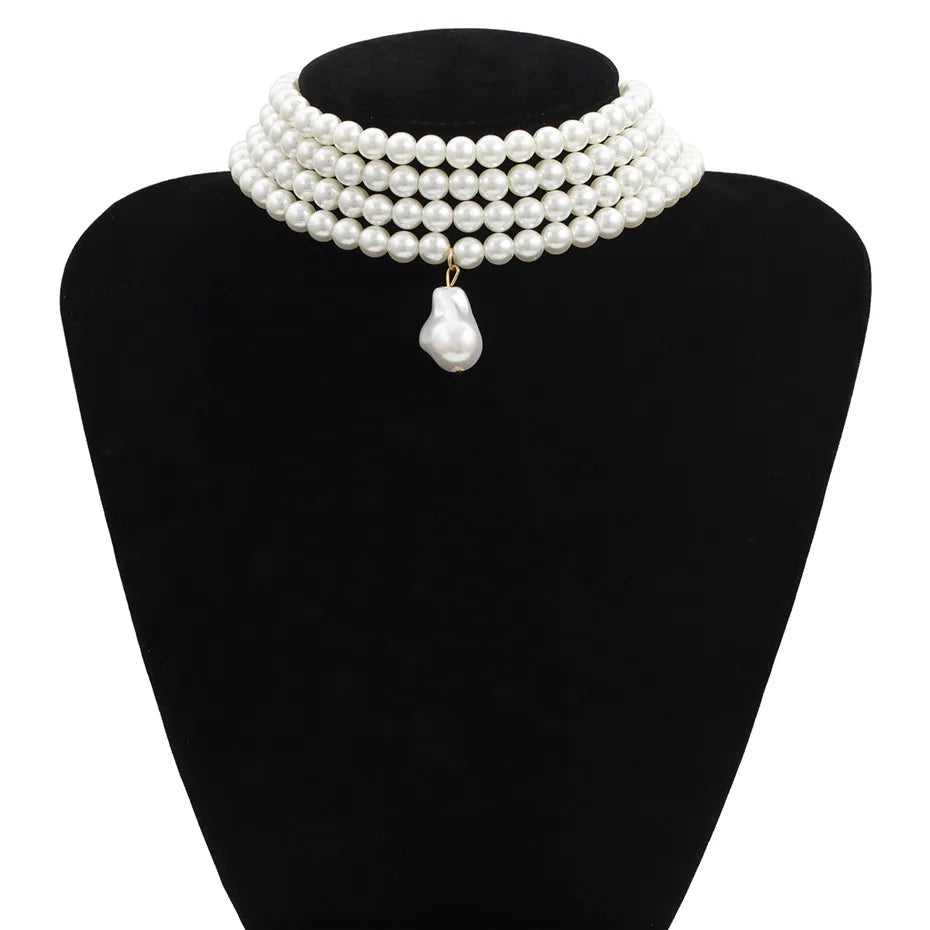Ingemark Fashion Multilayer White Imitation-Pearl Choker With Metal Slice Fixation Wide Bib Necklace Jewelry for Charm Women