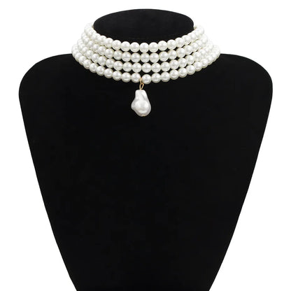 Ingemark Fashion Multilayer White Imitation-Pearl Choker With Metal Slice Fixation Wide Bib Necklace Jewelry for Charm Women