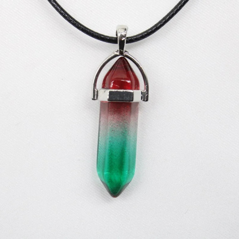 1PCS Natural Stone Quartz Crystal Opal Agates Hexagonal Column Pendulum Pendant Leather Chains Necklace Fashion Charms Pendant
