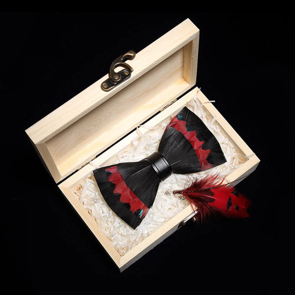 KAMBERFT Design Handmade Feather Bow Tie Brooch Wooden Box Set High Quality Men's Bowtie Leather Tie for Wedding Party Banquet