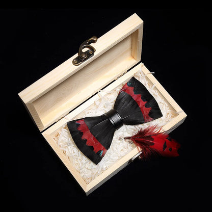 KAMBERFT Design Handmade Feather Bow Tie Brooch Wooden Box Set High Quality Men's Bowtie Leather Tie for Wedding Party Banquet