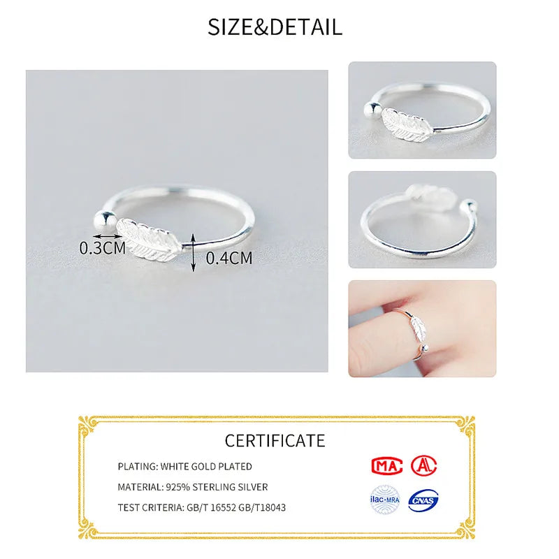 INZATT Authentic 925 Sterling Silver Cute Feather Adjustable Ring Fine Jewelry for Women Party Elegant Accessories