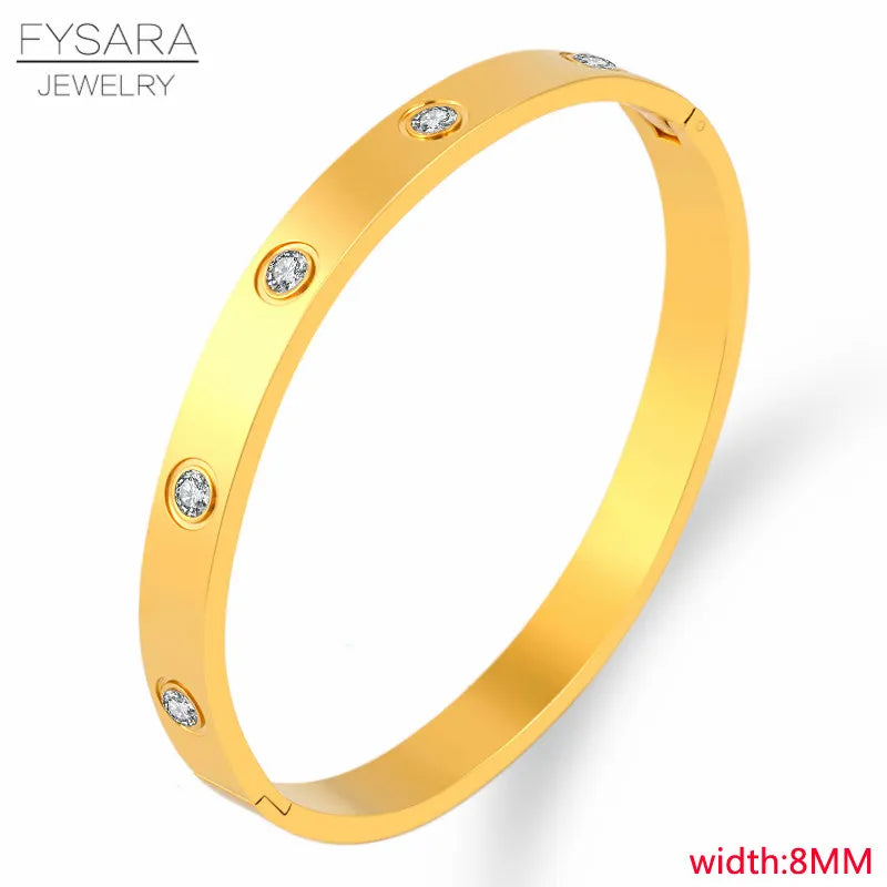 FYSARA Luxury Brand Crystals Love Bangles Cubic Zirconia Bracelets Couple Luxuxy Jewelry Stainless Steel Bangles for Women