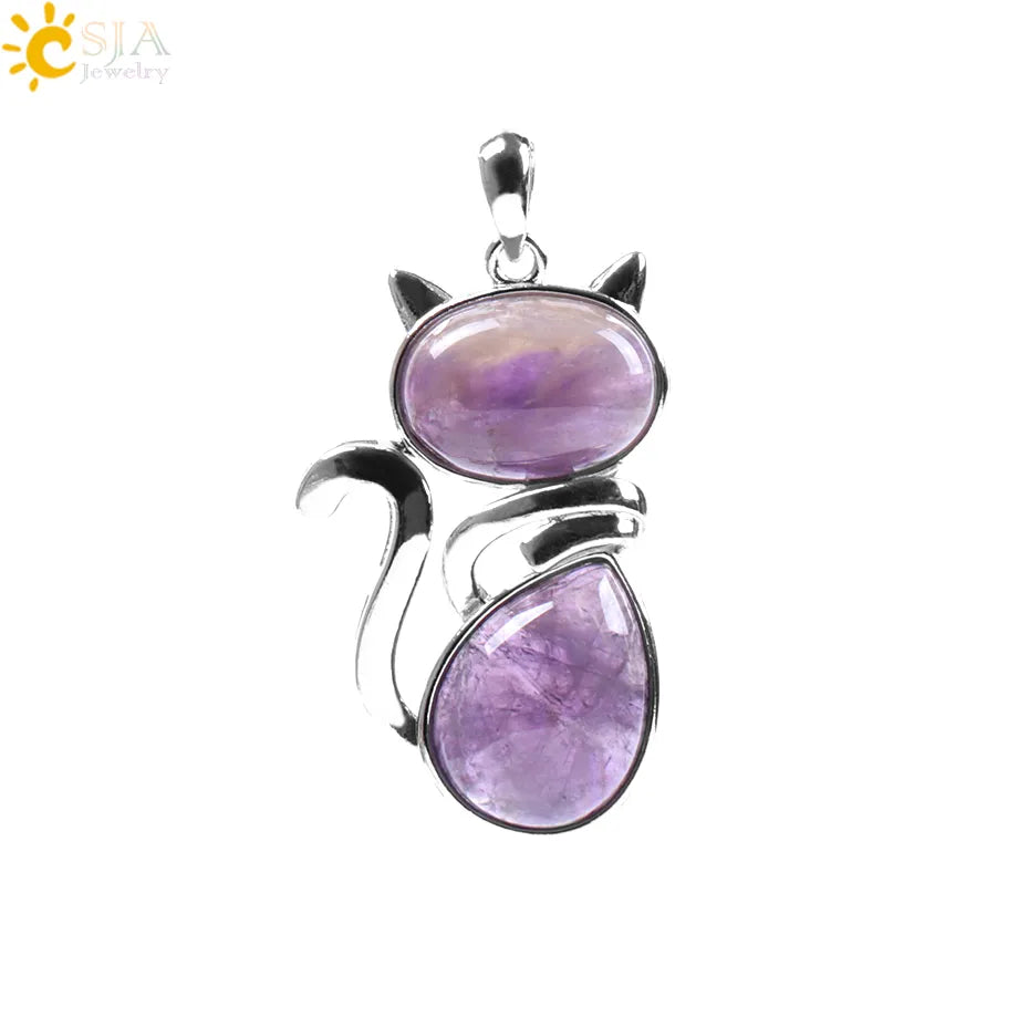 CSJA Chakra Natural Stone Pendant Cute Cat Pendants Suspension for Girl Green Aventurine Pink Crystal Cat Wisiorek Jewelry F072