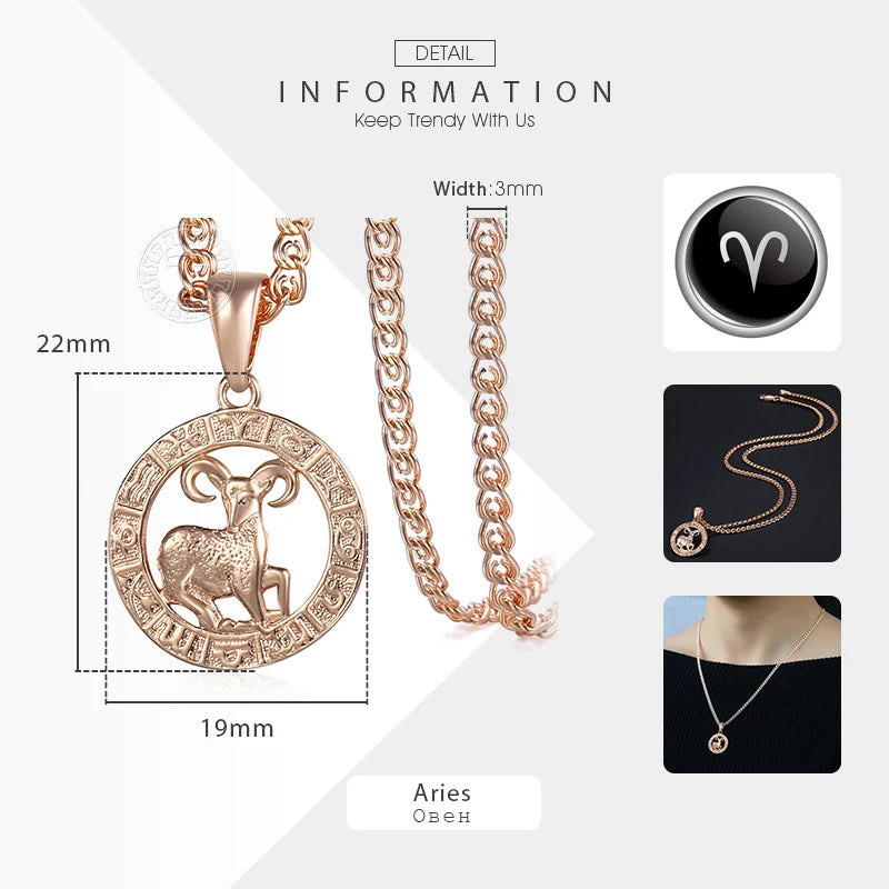 Davieslee Pendant Necklace for Women 12 Zodiac Sign Constellation Yellow Rose Gold Color Womens Necklaces Round Shaped LGPM16