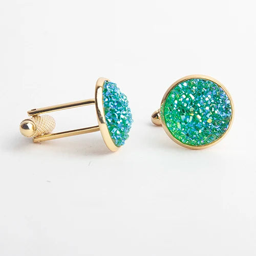 Simple Luxury Colorful Drusy Stone Cufflinks for Men Women Round Rhinestone Cuff Links Novelty Shirt Sleeve Buttons Accessories