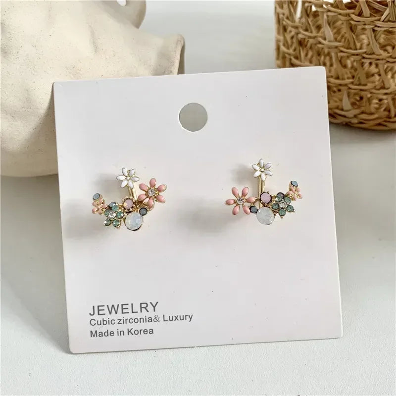 Korean Jewelry Fresh Cute Hook Drop Oil Flower Stud Earrings Crystal Earring for Women