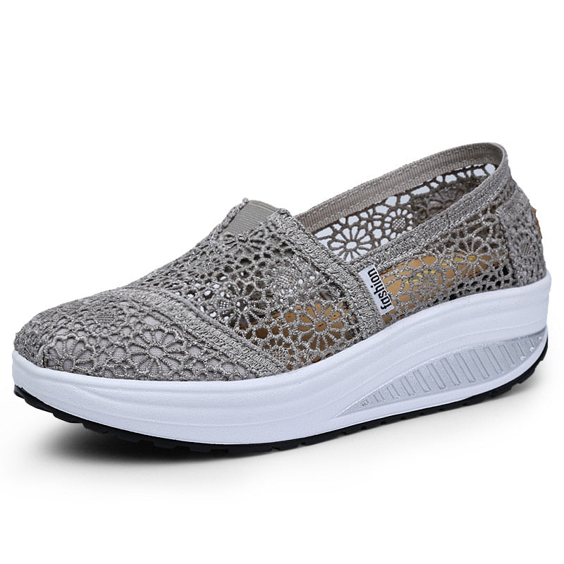 Women Toning Shoes Lace Breathable Swing Shoes Platforms Slip on Casual Shoes Female Slimming Wedge Sneakers
