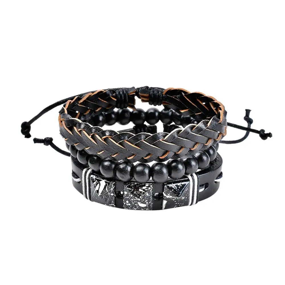 Multilevel Braided Wrap Leather Bracelets for Men Vintage Leather Bracelet Charm Wood Beads Ethnic Wristbands