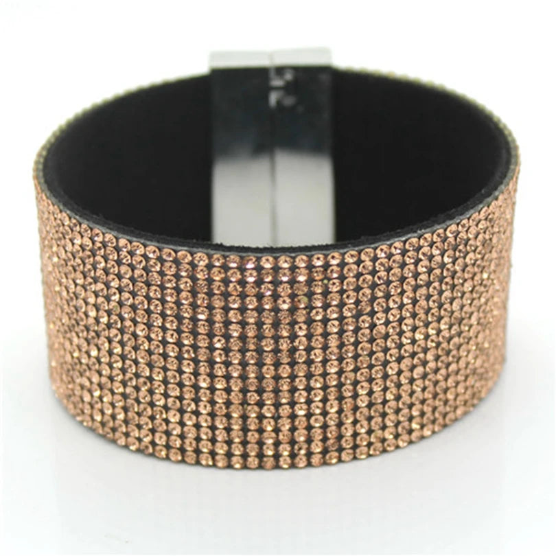 XQNI New Fashion High Quality Handmade Crystal Leather Bracelet for Men Women Trendy Black Rhinestone Classic Charm Bracelet.