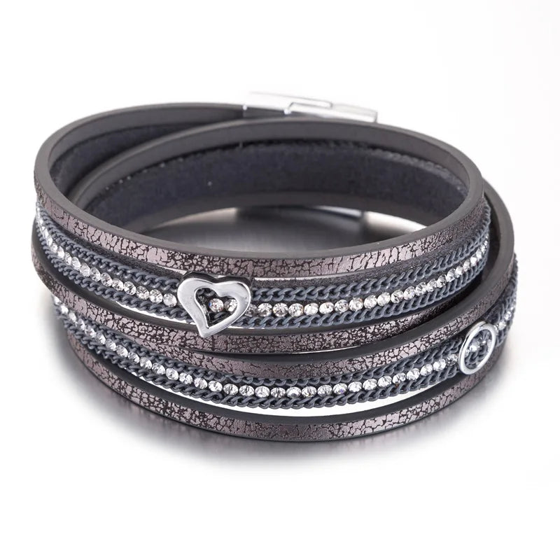 HOCOLE Fashion Gem Rhinestone Magnetic Leather Bracelets & Bangles Bohemian Handmade Multilayer Wrap Jewelry Women Pulseira