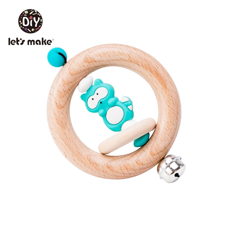 Baby Toys 1pc Silicone Beads Cartoon Rattle Teething Ring of Beech Wood 0-12 Moths Children Christmas Stroller Let's Make