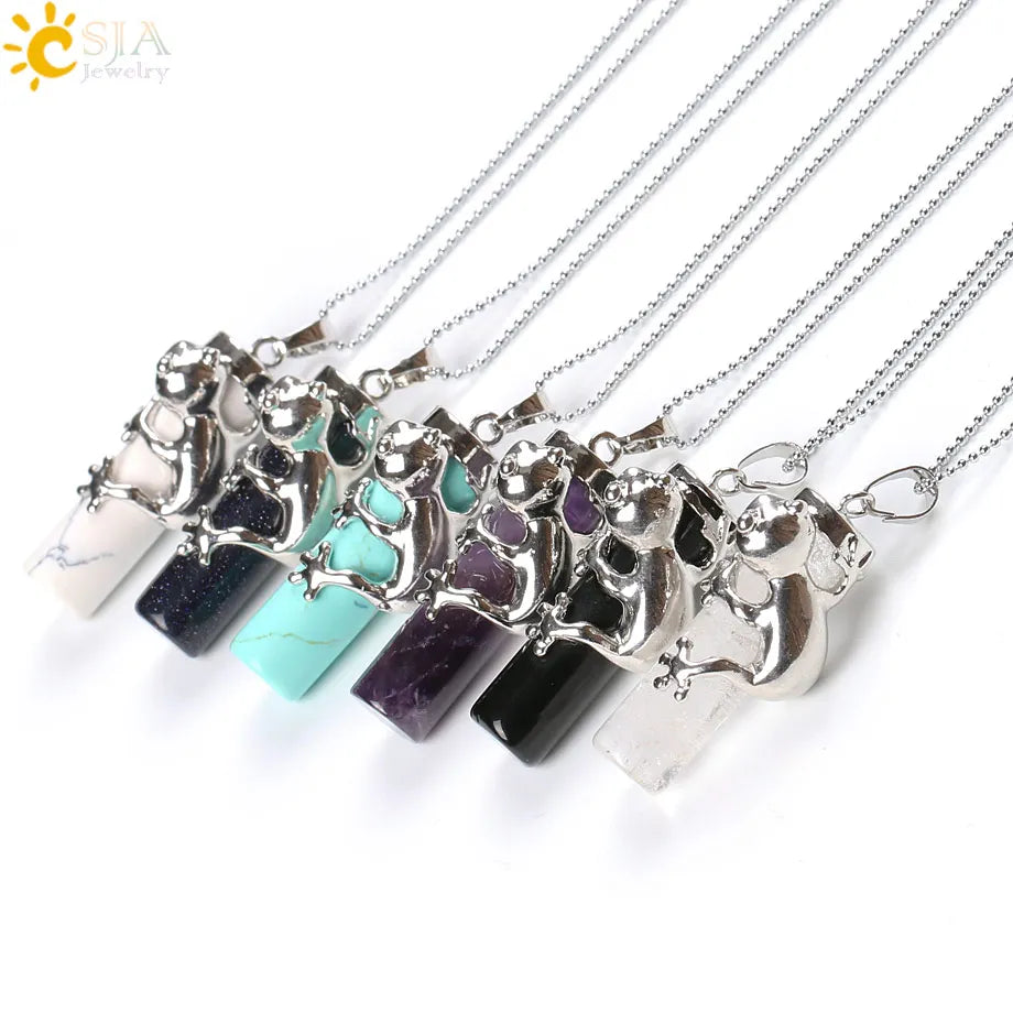 CSJA Pink Quartz Gem Power Statement Necklace Male Female Jewelry Natural Gem Stone Pendant Lovely Frog Jewellery E184